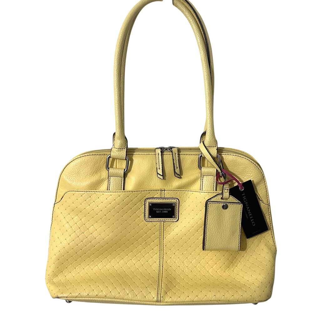 Tignanello Canary Yellow Accordion Satchel Womens Leather Handbag Purse Pastel